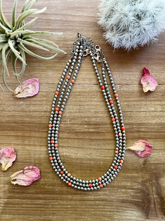 4mm Silver Plated and Orange Stones Necklace
