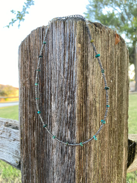 Natural Turquoise With Plated Silver Beads Necklace