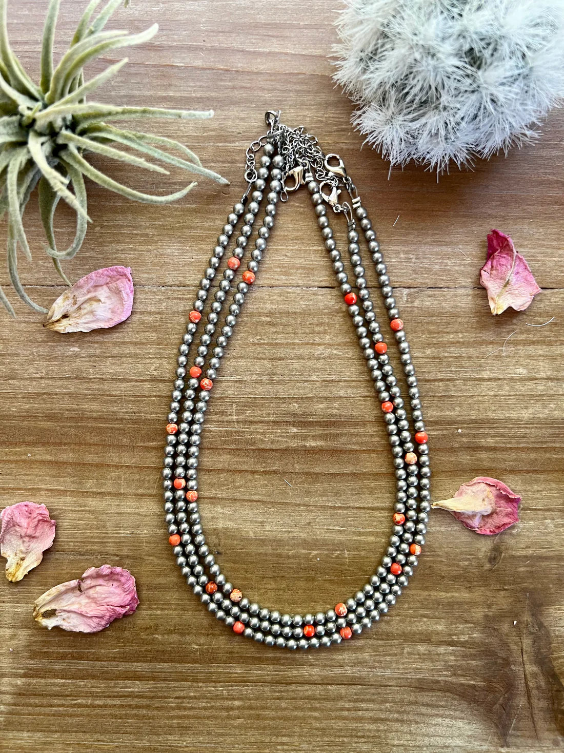 4mm Silver Plated and Orange Stones Necklace